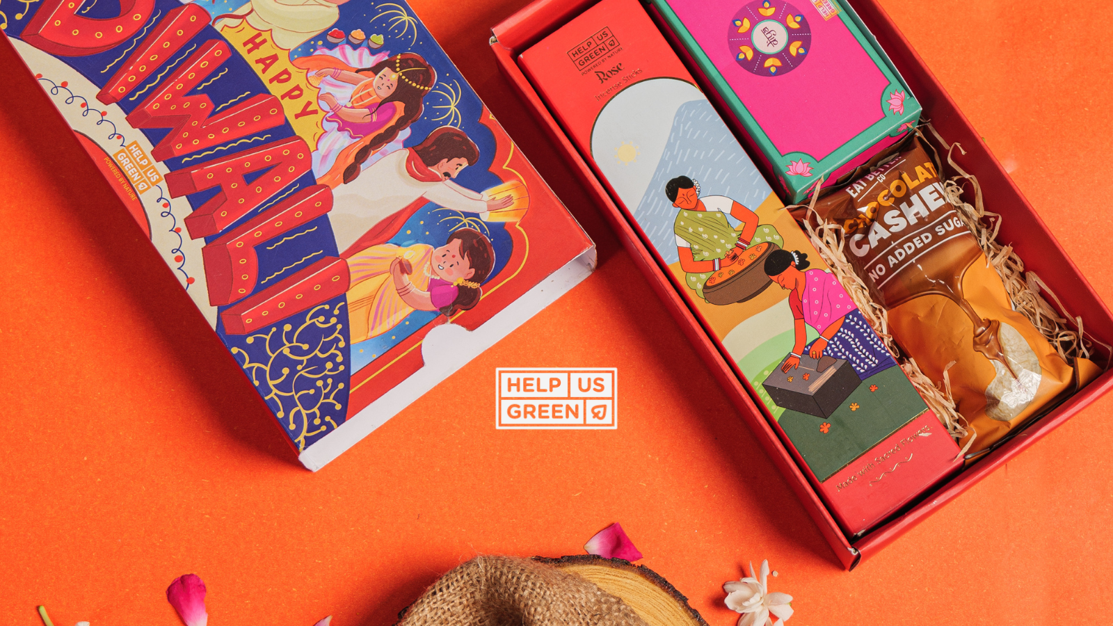 Festive gift hamper with incense sticks, cashews, and decor, arranged beautifully for eco-conscious seasonal gifting.