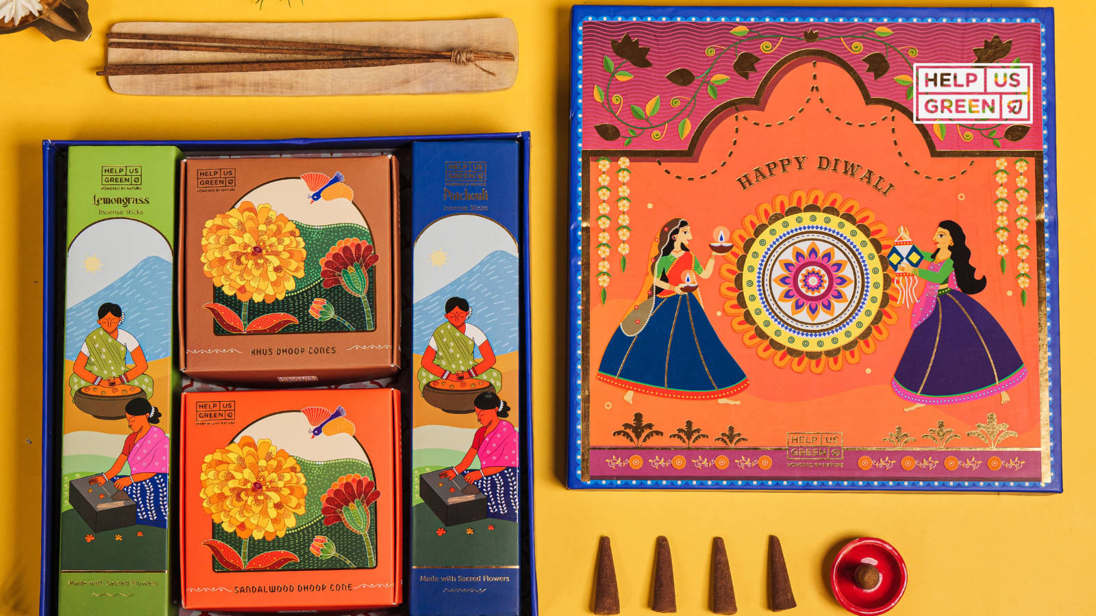 Eco-friendly Diwali hampers featuring incense, nuts, and festive items—perfect for sustainable gifting during celebrations.