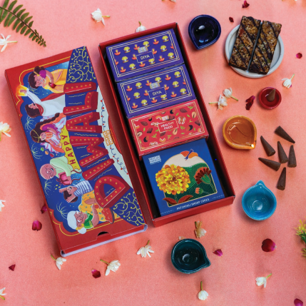 Diwali Gift Hamper 14: Dhoop Cones, Snack Bars, 4 Ceramic Diyas