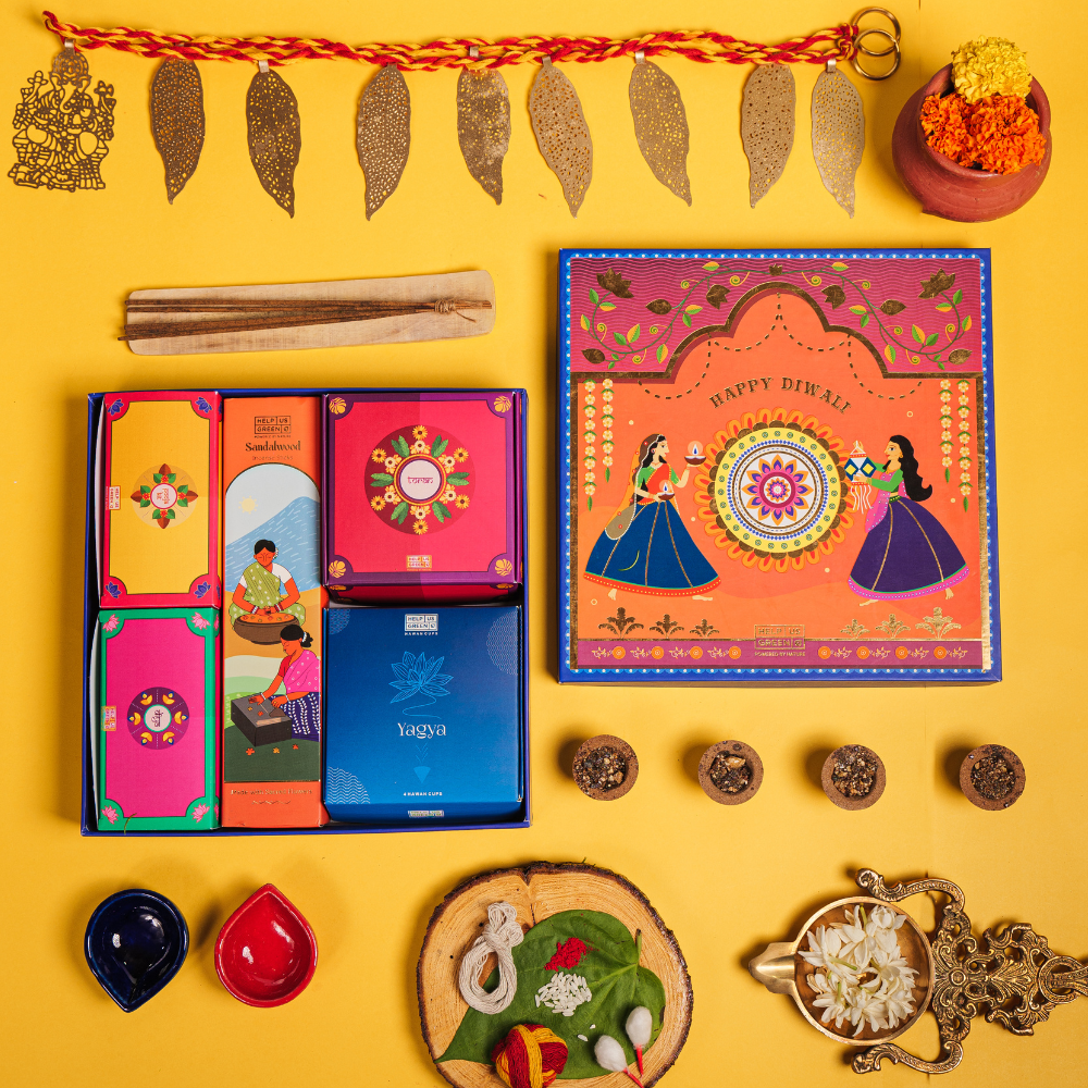 Diwali Gift- 40 Incense Sticks, Yagya Havan Cups Pooja Kit, 2 Ceramic Diyas, Metal Decorative Toran & Pooja Kit