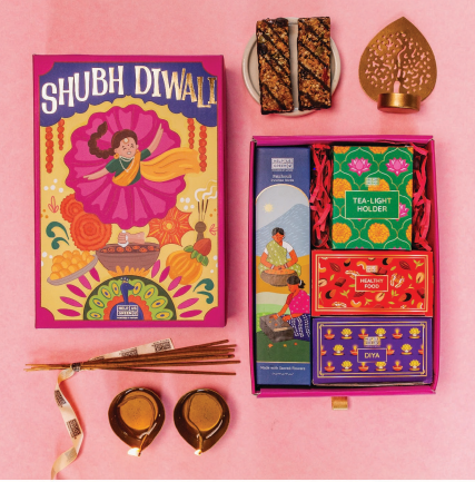 Diwali Gift Hamper 16: Incense sticks, Meta Diyas, Snack Bars & Light Holder