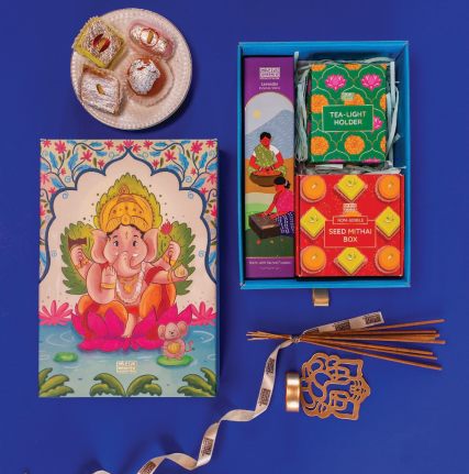 Diwali Gift Hamper 17: Light Holder, Incense Sticks & Plantable Seed Mithai