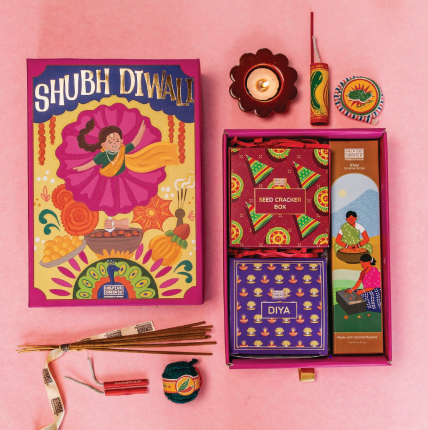 Diwali Gift Hamper 19: Ceramic Diya, Incense Sticks & Plantable Seed Cracker Box