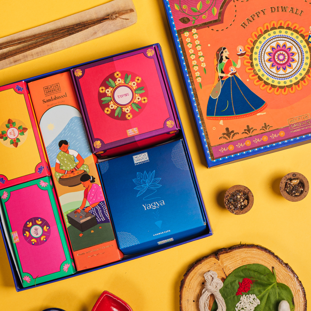 Diwali Gift- 40 Incense Sticks, Yagya Havan Cups Pooja Kit, 2 Ceramic Diyas, Metal Decorative Toran & Pooja Kit