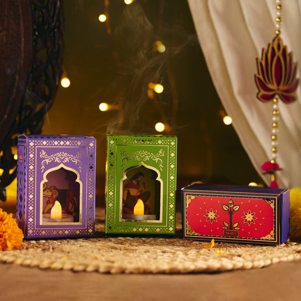 HelpUsGreen Gold Foil Jharokha with Tea Lights for Diwali Decor – Green & Purple, Pack of 2
