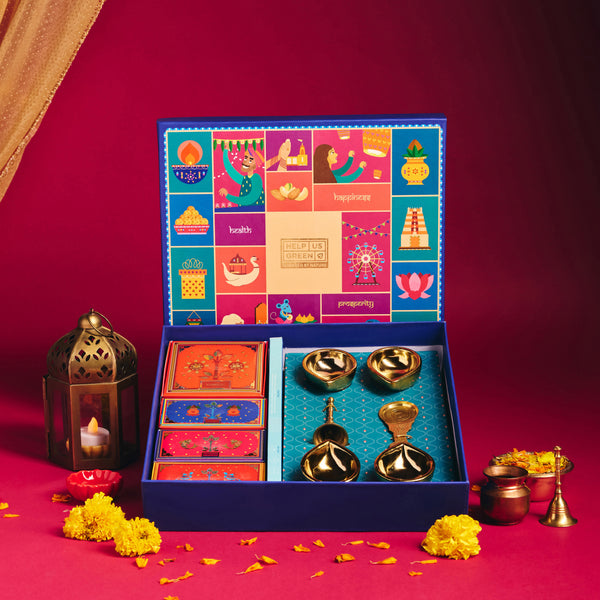 HelpUsGreen Deep Utsav Diwali Gift Box With Brass Pooja Bell & Gold Ceramic Diya