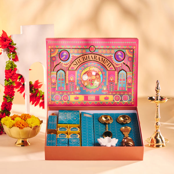 HelpUsGreen Subharambh Diwali Pooja Gift Box With Brass Diya & Gangajal