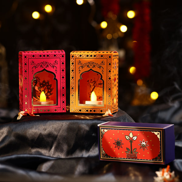 HelpUsGreen Gold Foil Jharokha with Tea Lights for Diwali Decor – Pink & Orange, Pack of 2