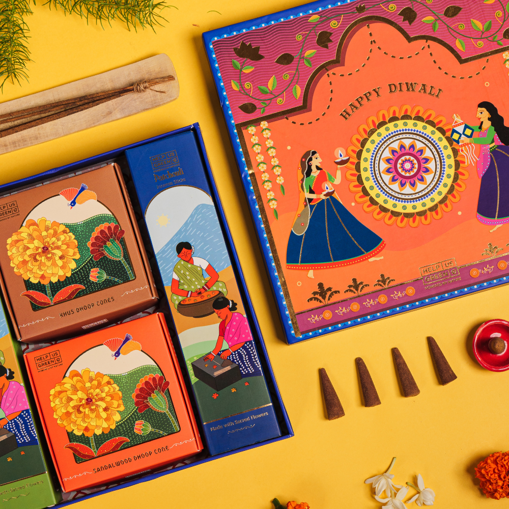 Diwali Gift- 40 Incense Sticks, Yagya Havan Cups Pooja Kit, 2 Ceramic Diyas, Metal Decorative Toran & Pooja Kit