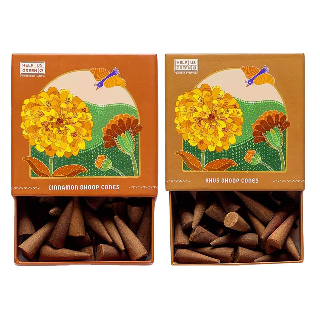 HelpUsGreen Natural Incense Cones Cinnamon and Khus Fragrance - 40 Cones Each (Combo Pack of 2)
