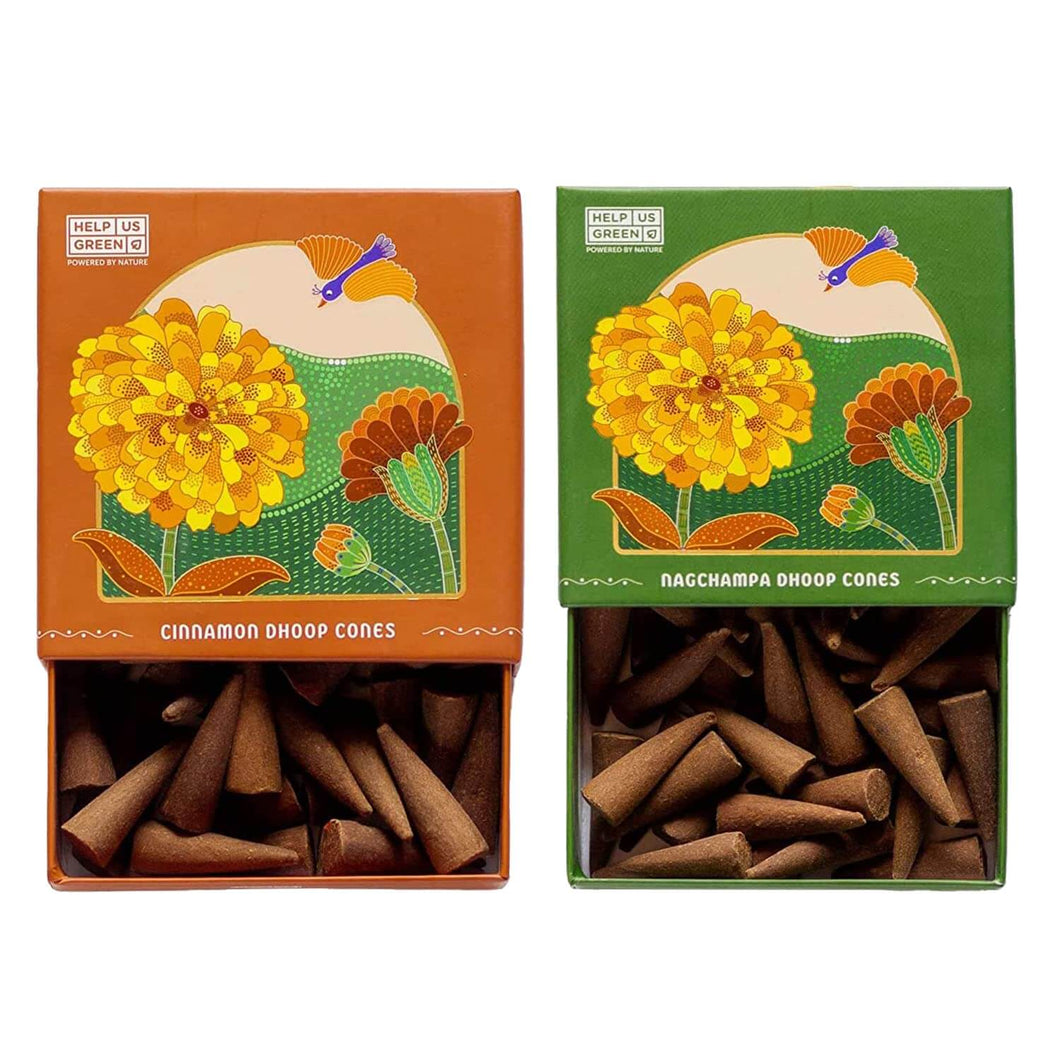 HelpUsGreen Natural Incense Cones Cinnamon and Nagchampa Fragrance - 40 Cones Each (Combo Pack of 2)