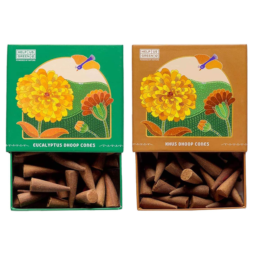HelpUsGreen Natural Incense Cones Eucalyptus and Khus Fragrance - 40 Cones Each (Combo Pack of 2)