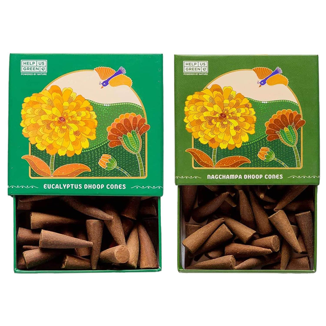 HelpUsGreen Natural Incense Cones Eucalyptus and Nagchampa Fragrance - 40 Cones Each (Combo Pack of 2)