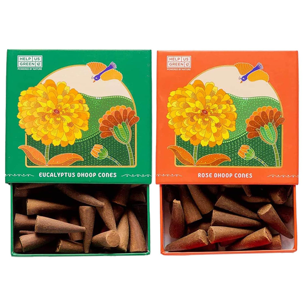 HelpUsGreen Natural Incense Cones Eucalyptus and Rose Fragrance - 40 Cones Each (Combo Pack of 2)