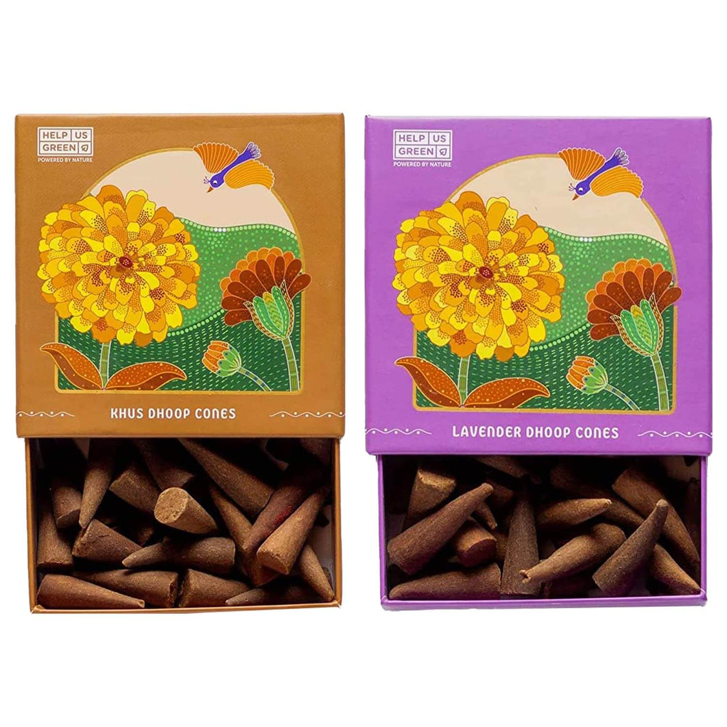 HelpUsGreen Natural Incense Cones Khus and Lavender Fragrance - 40 Cones Each (Combo Pack of 2)
