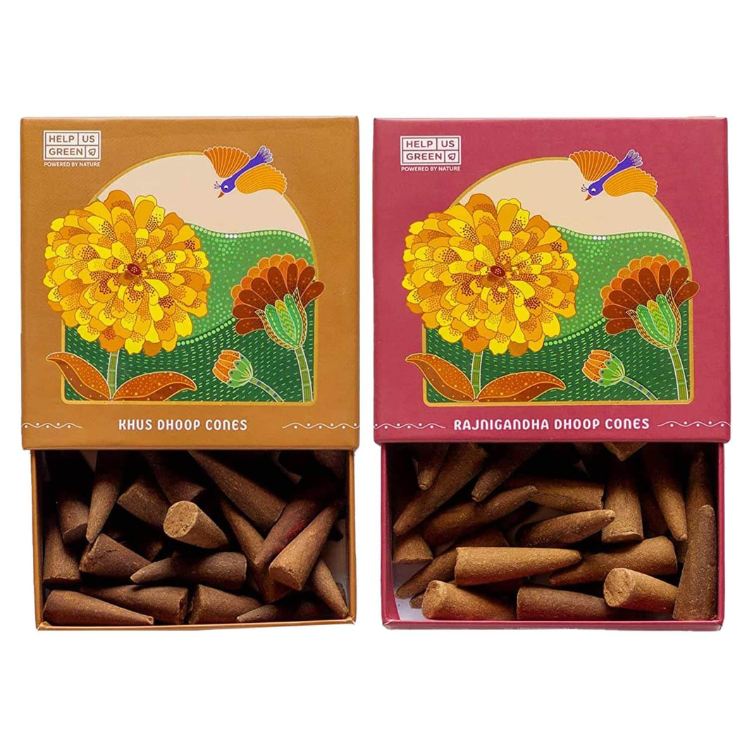 HelpUsGreen Natural Incense Cones Khus and Rajnigandha Fragrance - 40 Cones Each (Combo Pack of 2)