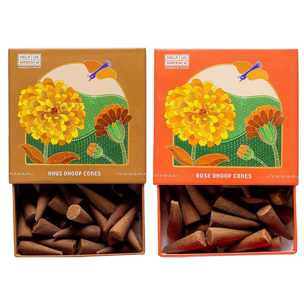 HelpUsGreen Natural Incense Cones Khus and Rose Fragrance - 40 Cones Each (Combo Pack of 2)