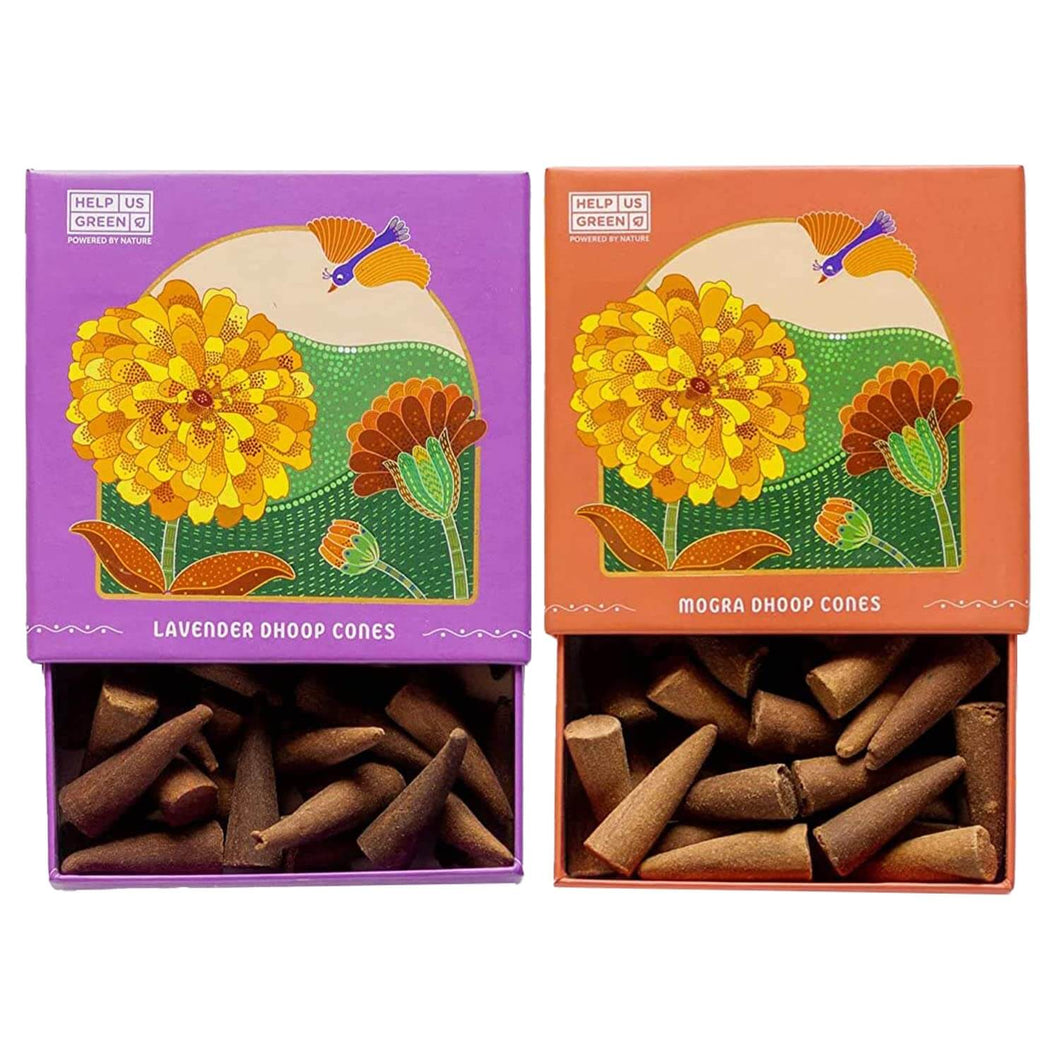 HelpUsGreen Natural Incense Cones Lavender and Mogra Fragrance - 40 Cones Each (Combo Pack of 2)