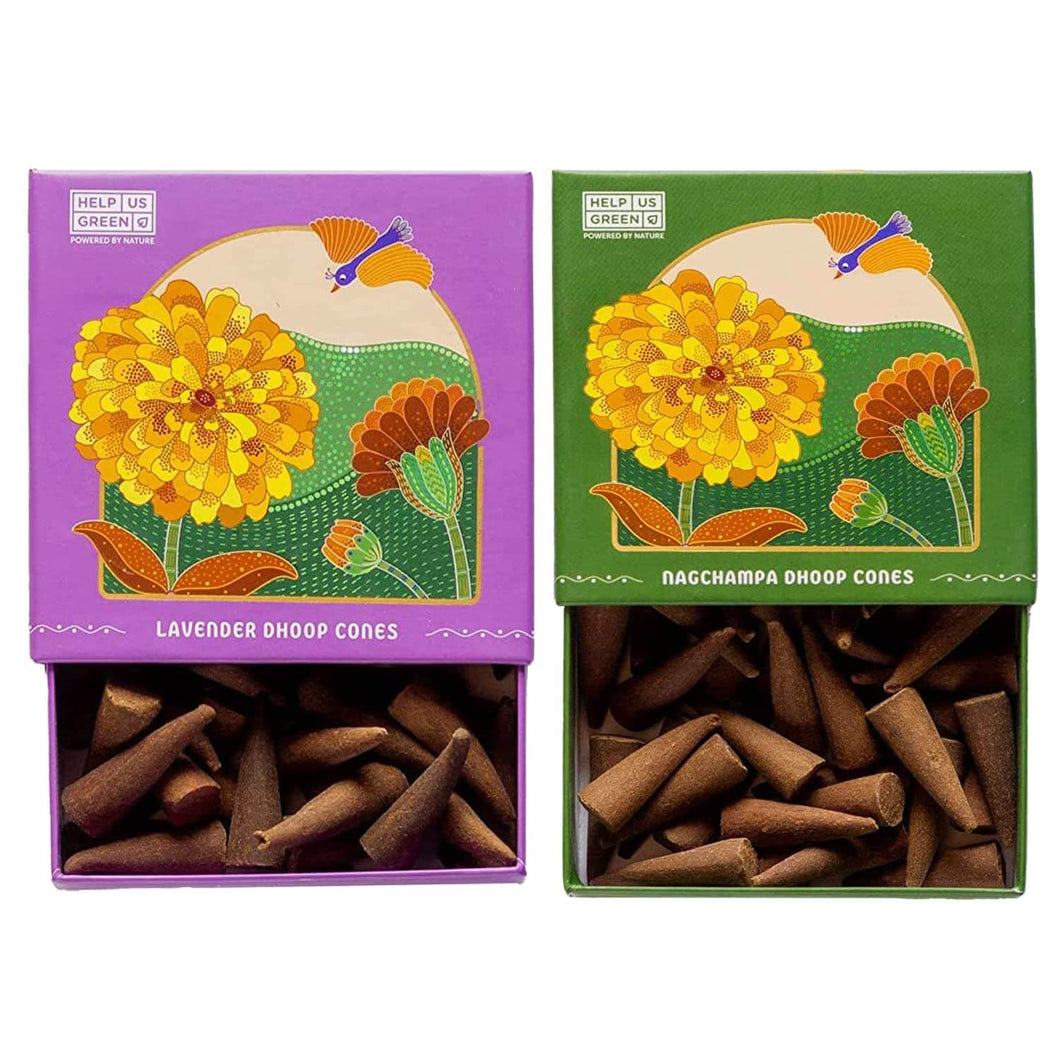 HelpUsGreen Natural Incense Cones Lavender and Nagchampa Fragrance - 40 Cones Each (Combo Pack of 2)
