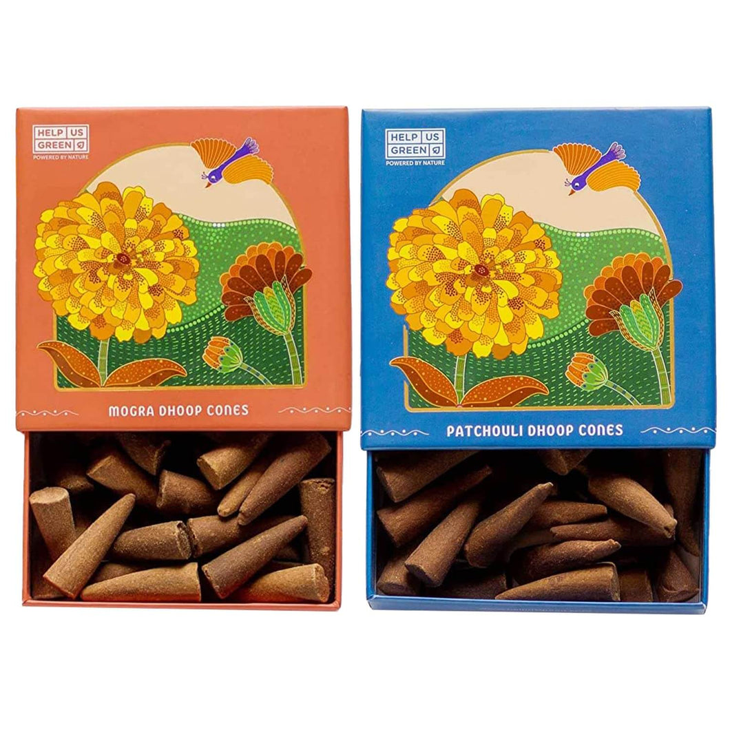 HelpUsGreen Natural Incense Cones Mogra and Patchouli Fragrance - 40 Cones Each (Combo Pack of 2)