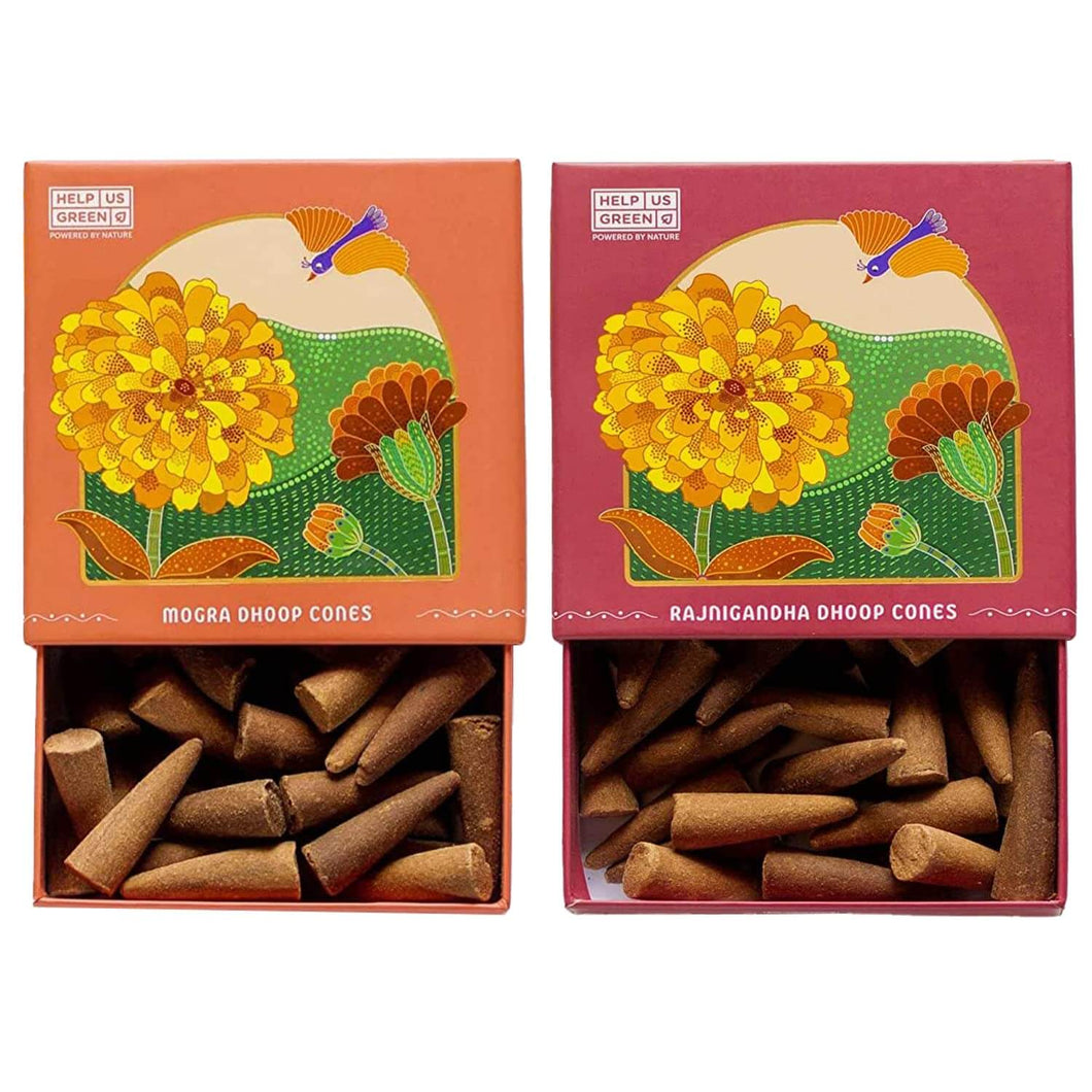 HelpUsGreen Natural Incense Cones Mogra and Rajnigandha Fragrance - 40 Cones Each (Combo Pack of 2)