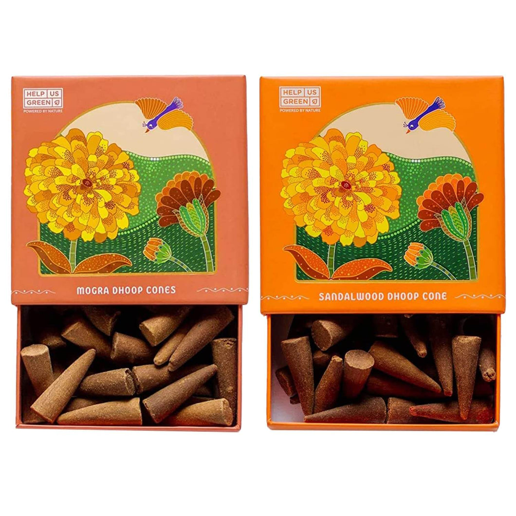 HelpUsGreen Natural Incense Cones Mogra and Sandalwood Fragrance - 40 Cones Each (Combo Pack of 2)