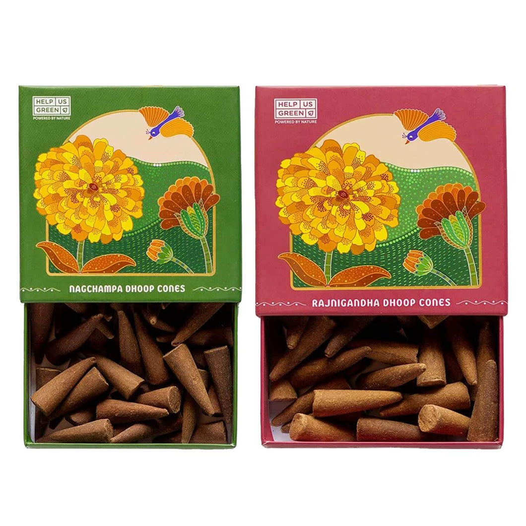 HelpUsGreen Natural Incense Cones Nagchampa and Rajnigandha Fragrance - 40 Cones Each (Combo Pack of 2)