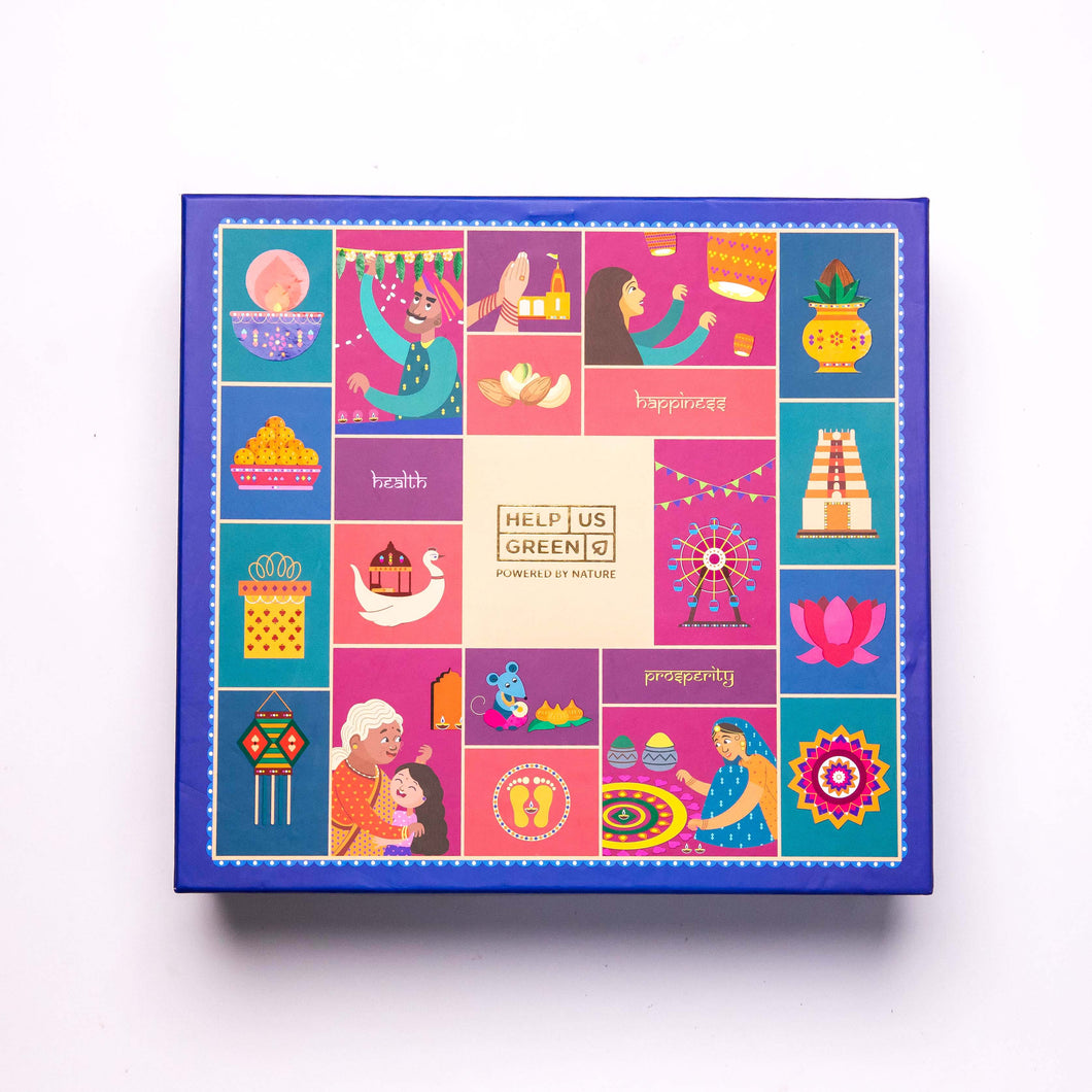 Diwali Gift Hamper 25: Dhoop Cones, Incense Sticks, Plantable Seed Cracker, Snack Bars, Rangoli Kit, Ceramic Diyas & Toran