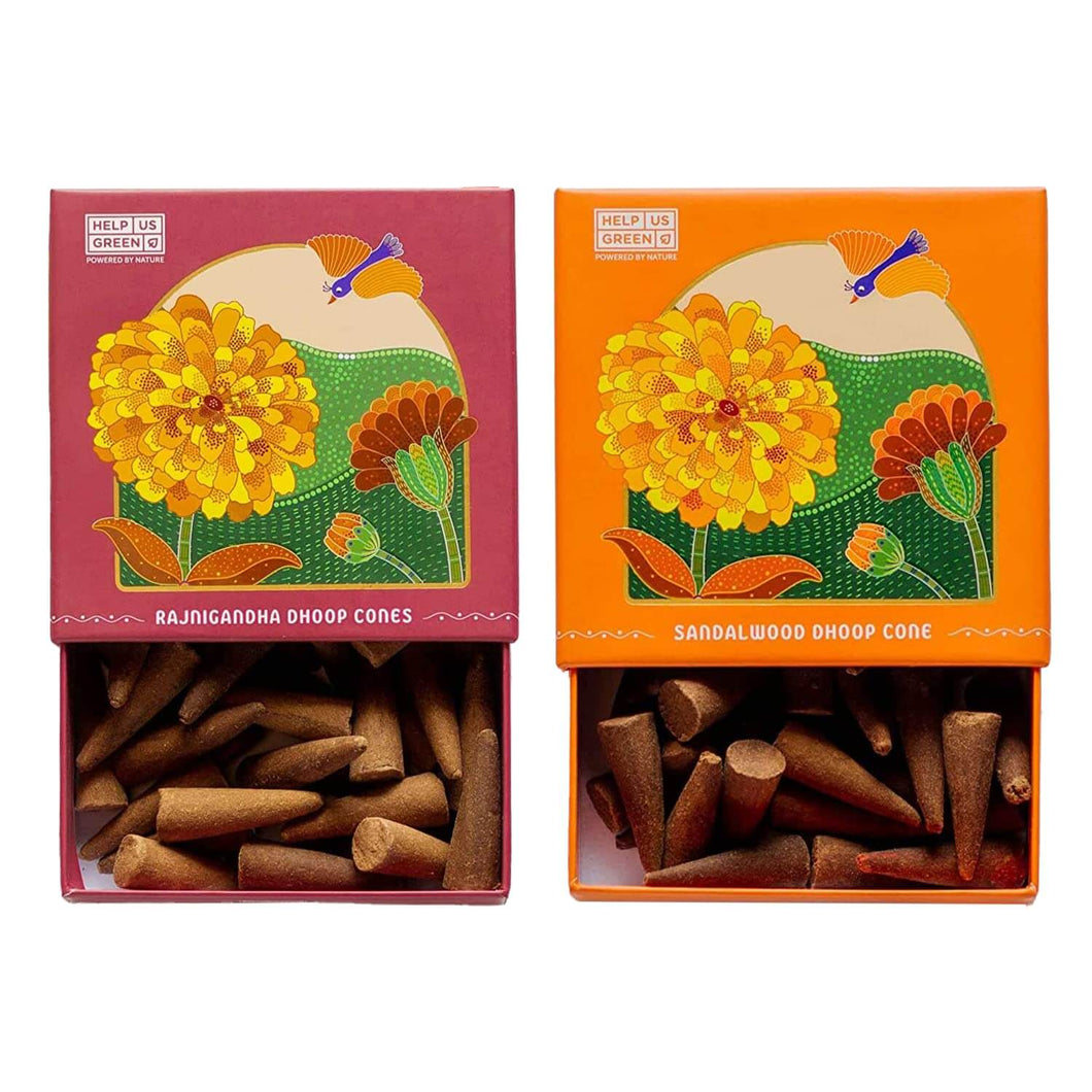 HelpUsGreen Natural Incense Cones Rajnigandha and Sandalwood Fragrance - 40 Cones Each (Combo Pack of 2)